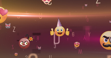 Naklejka premium Image of emoji icons over letters on black background