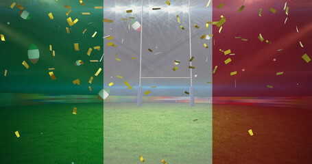 Golden confetti and italy waving flag over rugby balls falling against sports stadium in background