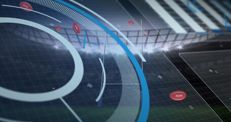 Data processing japan print on over rugby balls falling against sports stadium in background