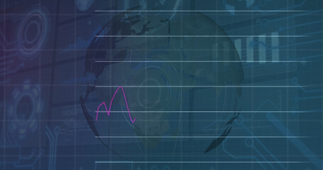 Image of financial data and graphs over rotating globe