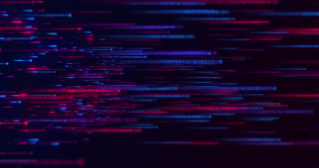 Image of lines made of red and blue dots moving on black background