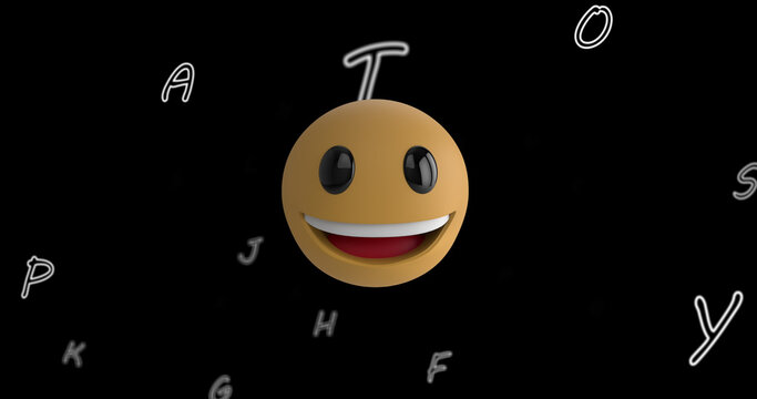 Image of smiley emoji icon floating over letters on black background