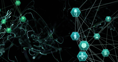 Image of network of medical icons spinning over black background