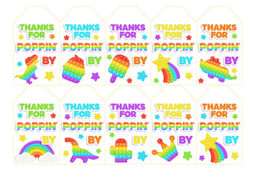 Set of 10 Birthday Popit rainbow tags in fidget toy style. Pop it party design as a trendy silicone toy for fidget in bright color. Bubble sensory toy on favor tag for gift wrap. Vector illustration.