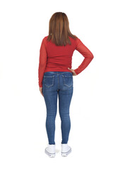 Obraz premium rear view of a woman hand on hip on white background