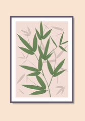 Abstract green bamboo leaves and tree flat soft color white background room décor natural poster wall art vector illustration