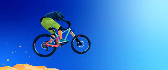 Rider jumps on a mountain bike. Downhill,  freeride, enduro,  allmountain ride. Dust and stones from under the wheels. extreme sports. Dynamic vector illustration. Blue sky on the background. Banner