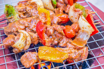 Barbecue skewers meat with vegetables on grill close up