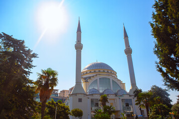 Sunrise over mosque . Ebu Bekr mosque in Shkoder Albania 