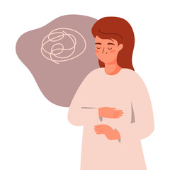 A woman suffering from stress or pain grimaces in pain. Woman holds her hand on her stomach. Heartache. Abdominal pain. Stress every day. Health problem. Painful period of menstruation.