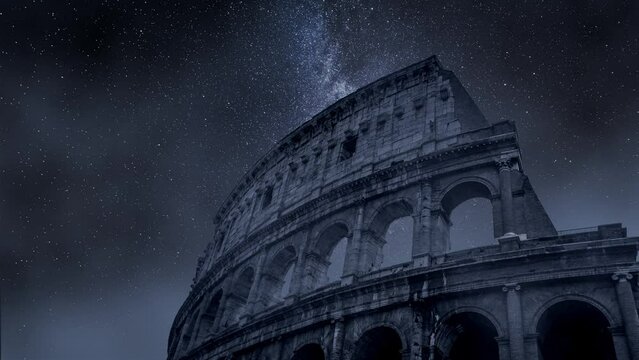 Milky way and falling stars over Colosseum in Rome, Italy