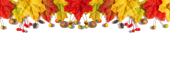 Autumn frame composition, isolated on white background. Colorful maple leaves and berries