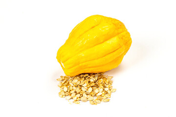 Ripe yellow pumpkin with seeds isolated on white background. Whole squash, traditional festive decor