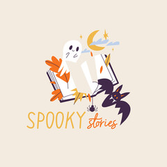Vector illustration halloween composition.Horror Helloween book with bat and ghost. Fall lettering