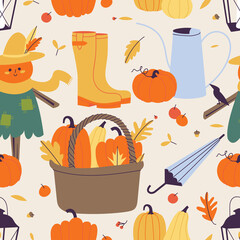 Vector illustration set of autumn elements. Fall seamless pattern.