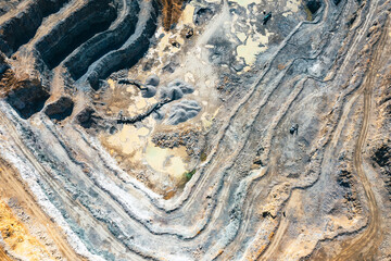 Dolomite Mine. Industrial Terraces. Aerial view of open pit mining. Excavation of the Dolomite Mine. Extractive industry.