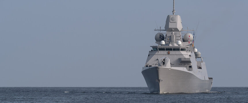 BALTIC SEA - POLAND - 2022: A modern Dutch frigate sails on the sea
