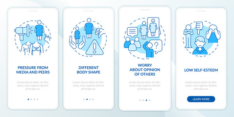 Fototapeta na wymiar Unhealthy teenage body image blue onboarding mobile app screen. Walkthrough 4 steps editable graphic instructions with linear concepts. UI, UX, GUI template. Myriad Pro-Bold, Regular fonts used