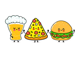 Cute, funny happy glass of beer, pizza and hamburger. Vector hand drawn cartoon kawaii characters, illustration icon. Funny cartoon glass of beer, pizza and hamburger mascot friends concept