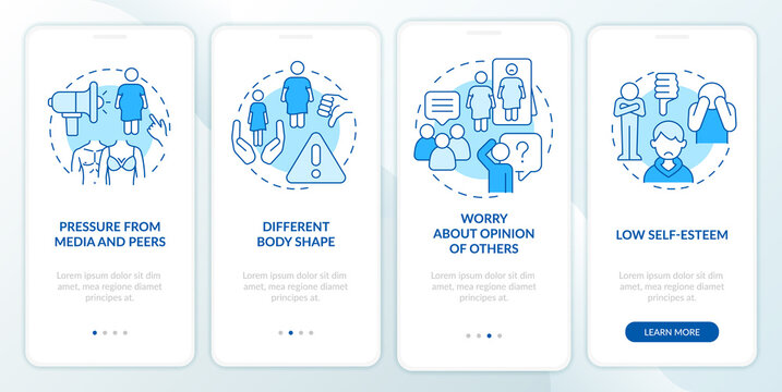 Unhealthy teenage body image blue onboarding mobile app screen. Walkthrough 4 steps editable graphic instructions with linear concepts. UI, UX, GUI template. Myriad Pro-Bold, Regular fonts used