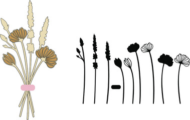 Flower silhouette bouquet. Vector floral elements. Simple herbs set. 