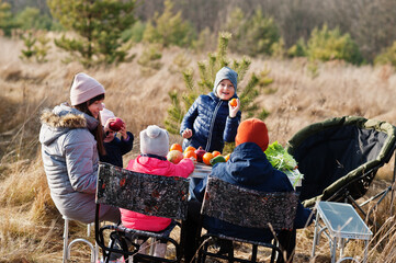 Cheerful mother with kids at a picnic. Family on vacation with fruits outdoor.
