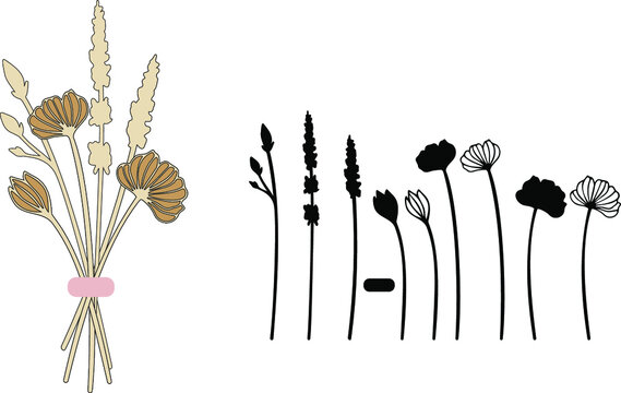 Flower silhouette bouquet. Vector floral elements. Simple herbs set. 