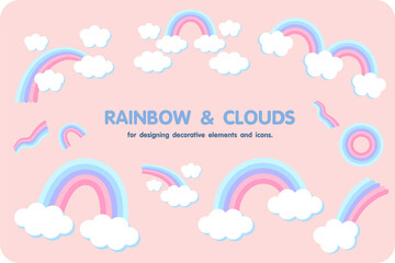 a pastel rainbow surrounded by clouds, for designing decorative elements and icons.