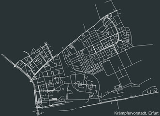 Detailed negative navigation white lines urban street roads map of the KRÄMPFERVORSTADT DISTRICT of the German regional capital city of Erfurt, Germany on dark gray background