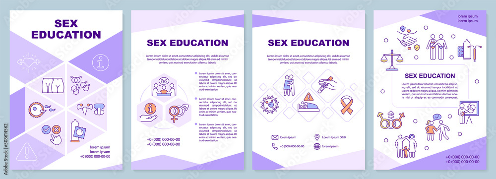 Wall mural sex education awareness purple brochure template. leaflet design with linear icons. editable 4 vecto