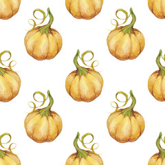 Watercolor seamless pattern with vintage orange pumpkin. Isolated on white background.