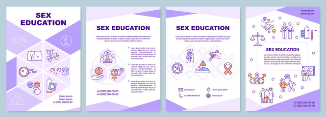 Sex education awareness purple brochure template. Leaflet design with linear icons. Editable 4 vector layouts for presentation, annual reports. Arial-Black, Myriad Pro-Regular fonts used