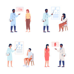 Doctor consultation semi flat color vector characters set. Standing figures. Full body people on white. Simple cartoon style illustration for web graphic design and animation pack. Comfortaa font used