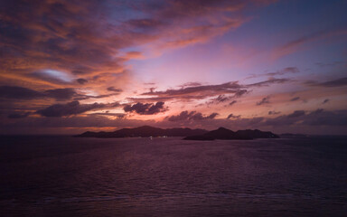 Aerial views of epic Seychelles islands sunset, a paradise place (aerial drone photo). Seychelles