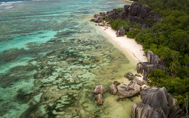 Aerial views of Seychelles islands, a paradise place (aerial drone photo). Anse Source d'Argent, Seychelles
