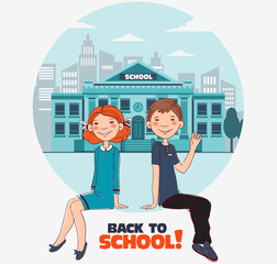 Funny kids with whiteboard. Cute, smiling boy and girl. Back to school vector concept