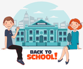 Funny kids with whiteboard. Cute, smiling boy and girl. Back to school vector concept