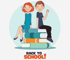 Funny kids with books. Cute, smiling boy and girl. Back to school vector concept