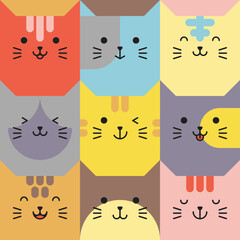 Set of various avatars of cat facial expressions. Adorable cute baby animal head vector illustration. Simple design of happy smiling animal cartoon face emoticon. Graphics and colorful backgrounds.