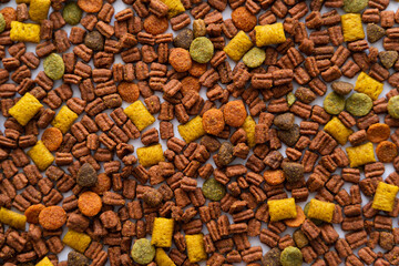 top view of nutritious and crunchy pet food.
