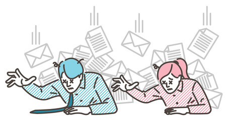 Set of male and female business people overloaded with work [Vector illustration].