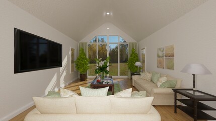 Living room with led tv on the wall 3d illustration