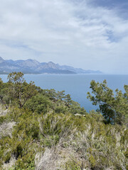 Perfect blue sea. View beach on the coast of Mediterranean sea in Kemer district of Antalya Province, Turkey