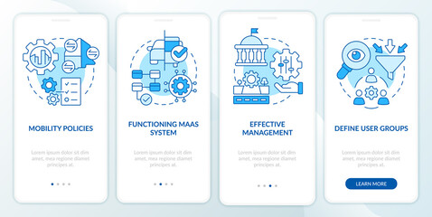 Naklejka premium MaaS introduction components blue onboarding mobile app screen. Data walkthrough 4 steps editable graphic instructions with linear concepts. UI, UX, GUI template. Myriad Pro-Bold, Regular fonts used