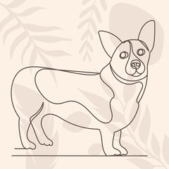 dog drawing by one continuous line, on abstract background
