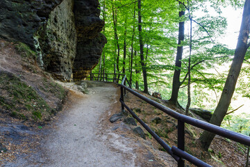 Narrow hiking trail near Pravcicka Gate in the Bohemian Switzerland National Park, Czech Republic