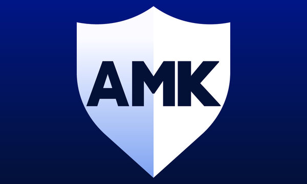 AMK shield logo design on blue background vector template | monogram logo | abstract logo | wordmark logo | letter mark logo | business logo | brand logo | flat logo, minimalist logo.	