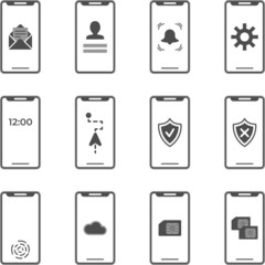 set of black and white smartphone display screen icons