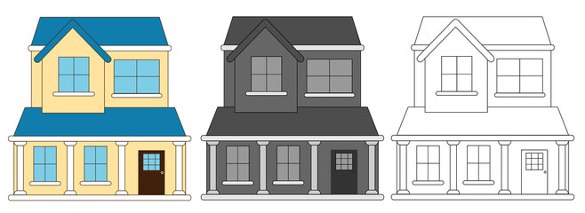 Cartoon style Country House set. Colorful, monochrome and line building design. Cute houses set