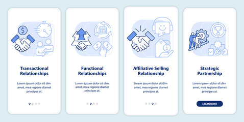 Types of sales relationships light blue onboarding mobile app screen. Walkthrough 4 steps editable graphic instructions with linear concepts. UI, UX, GUI template. Myriad Pro-Bold, Regular fonts used